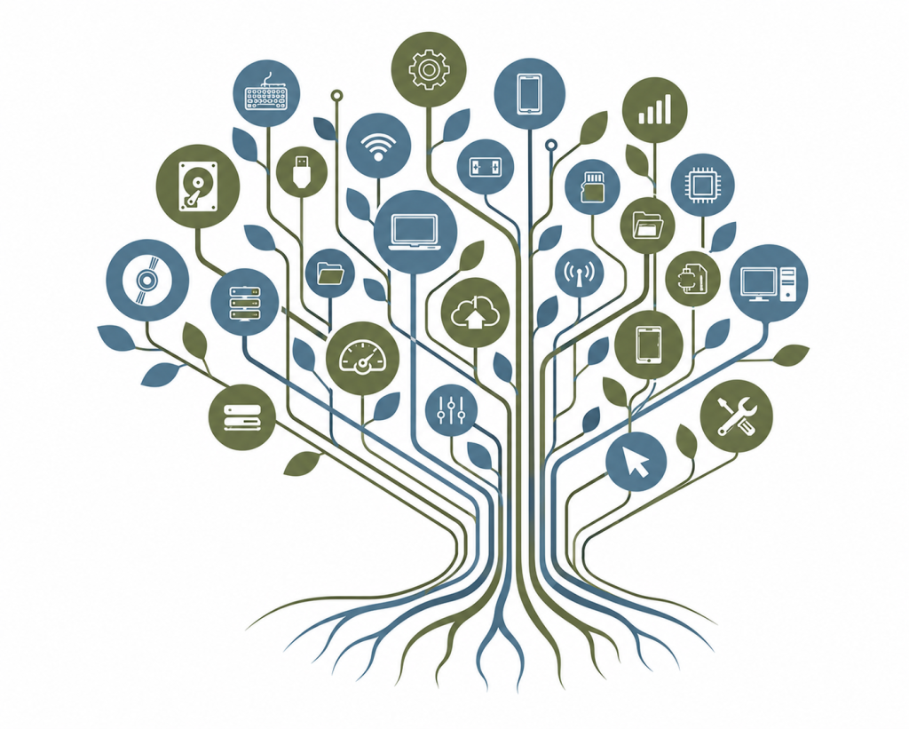 A tree with various tech symbols as branches